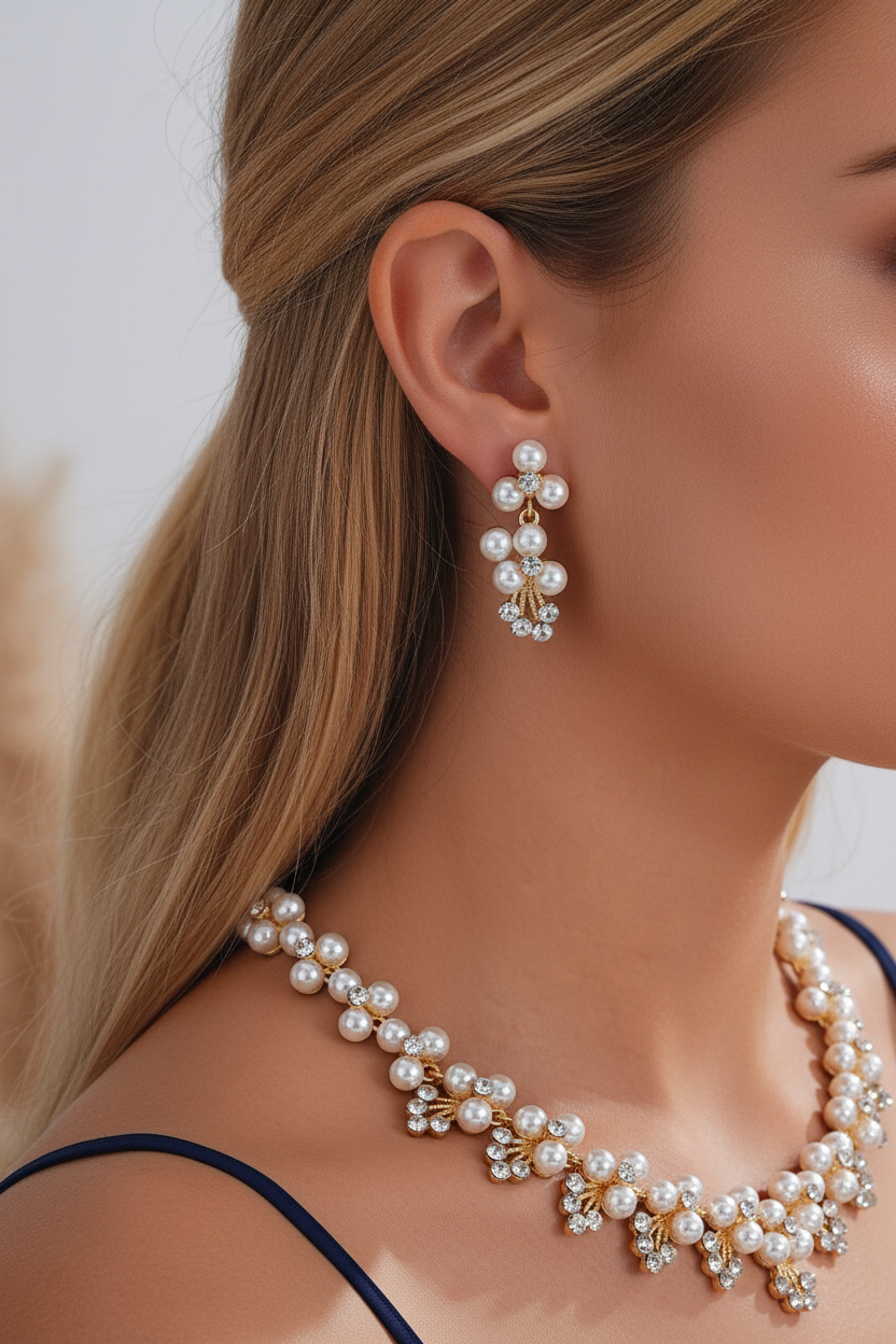 Close-up of pearl cluster earrings