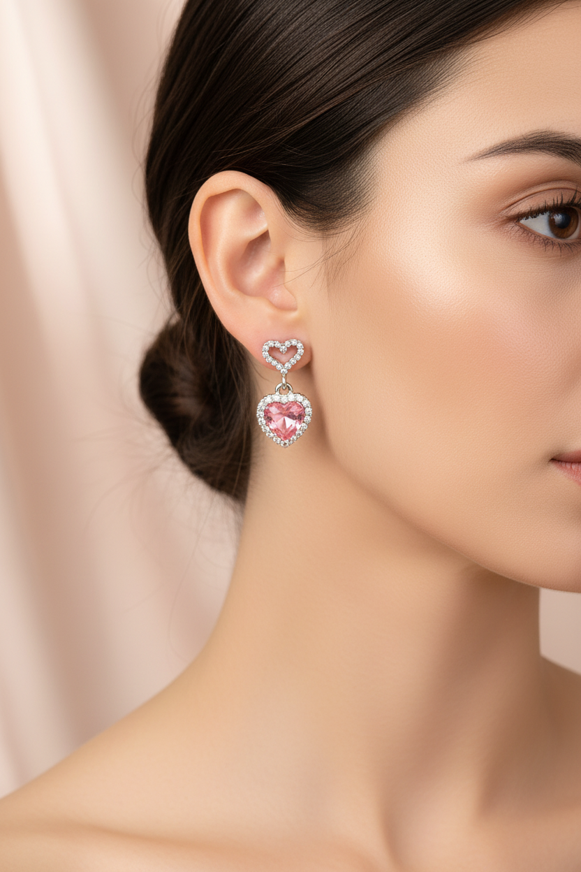 Close-up of pink heart earrings on model