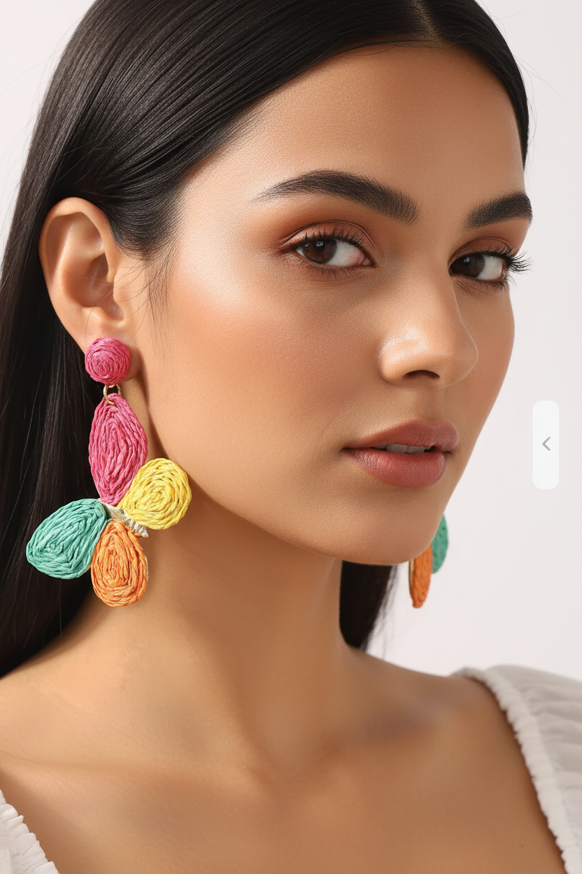Colorful Raffia Flower Earrings - Model