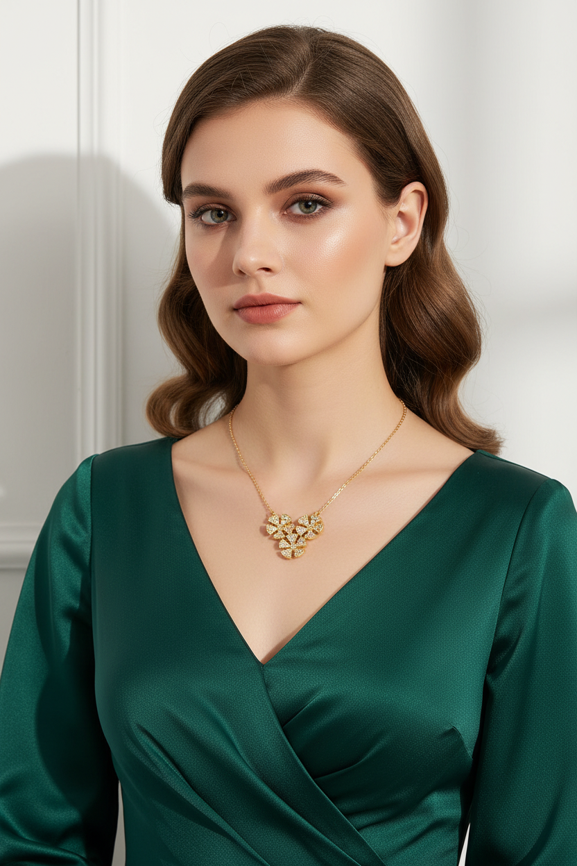 Elegant Golden Alloy Flowers Necklace - Model Shot