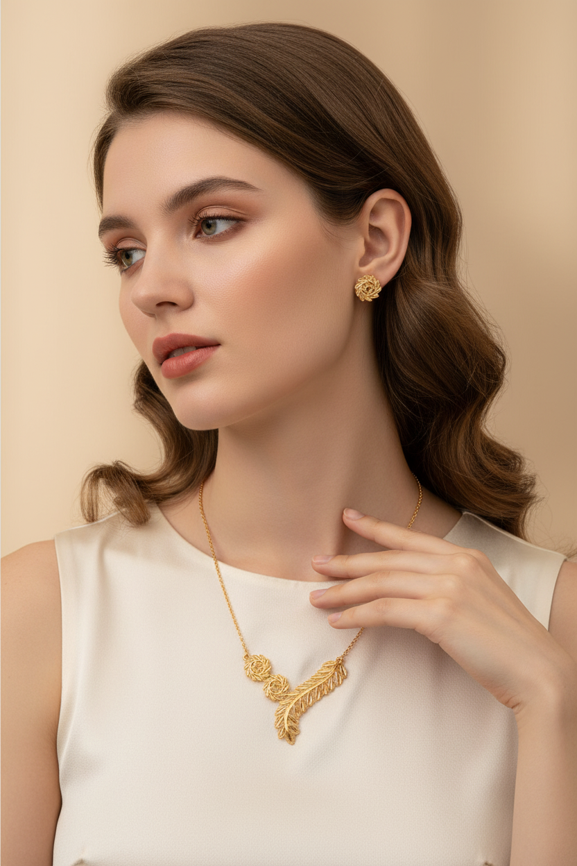 Elegant portrait with leaf necklace set
