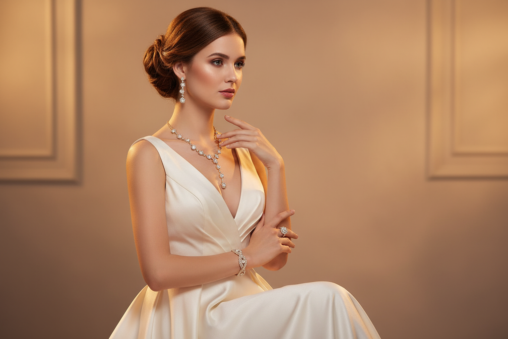 Evening styled model with Y-drop necklace and braided bracelet