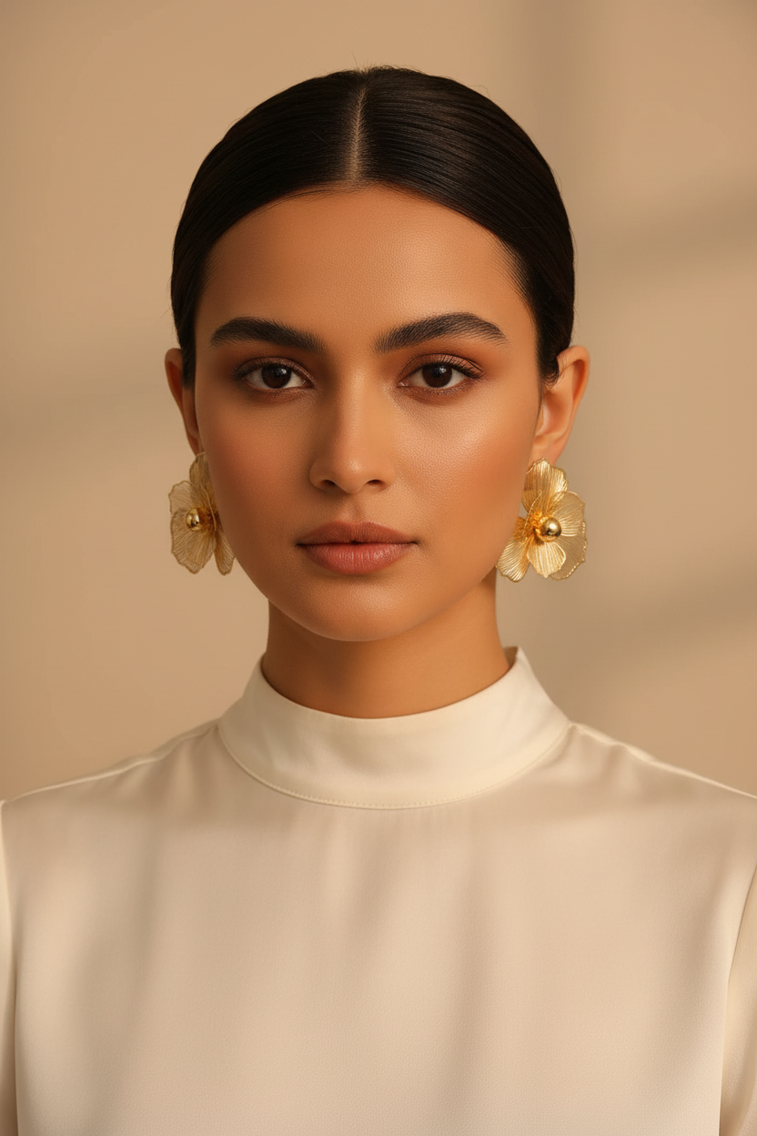 Gold Flower Earrings - Front Portrait