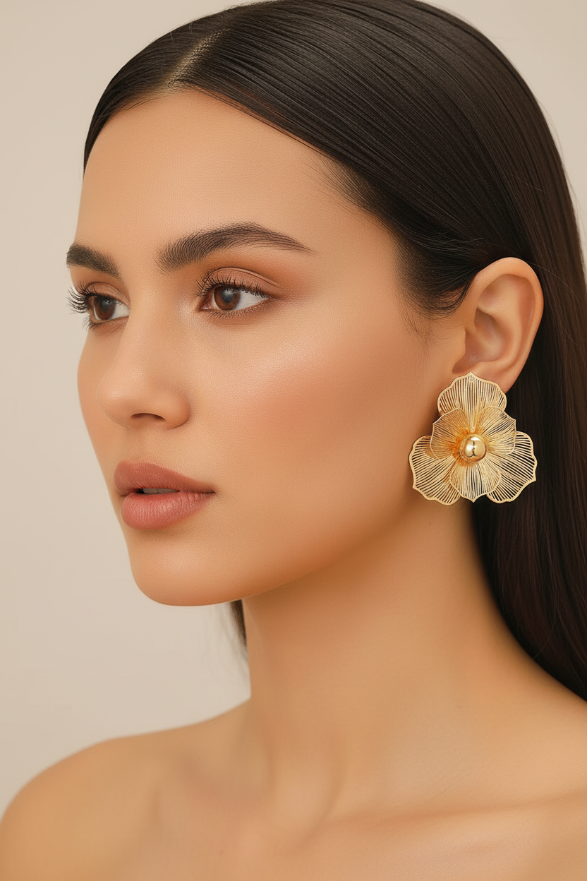 Gold Flower Earrings - Three Quarter