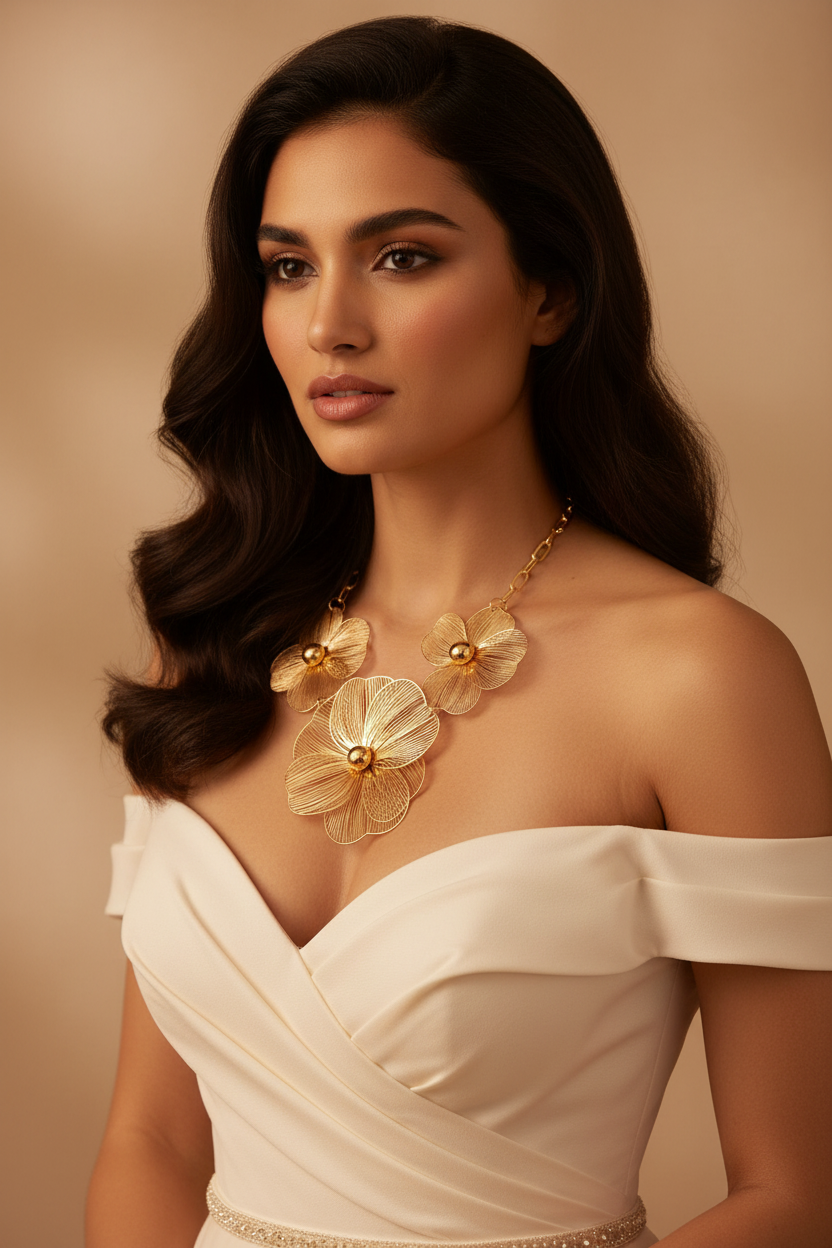 Gold Flower Necklace - Three Quarter