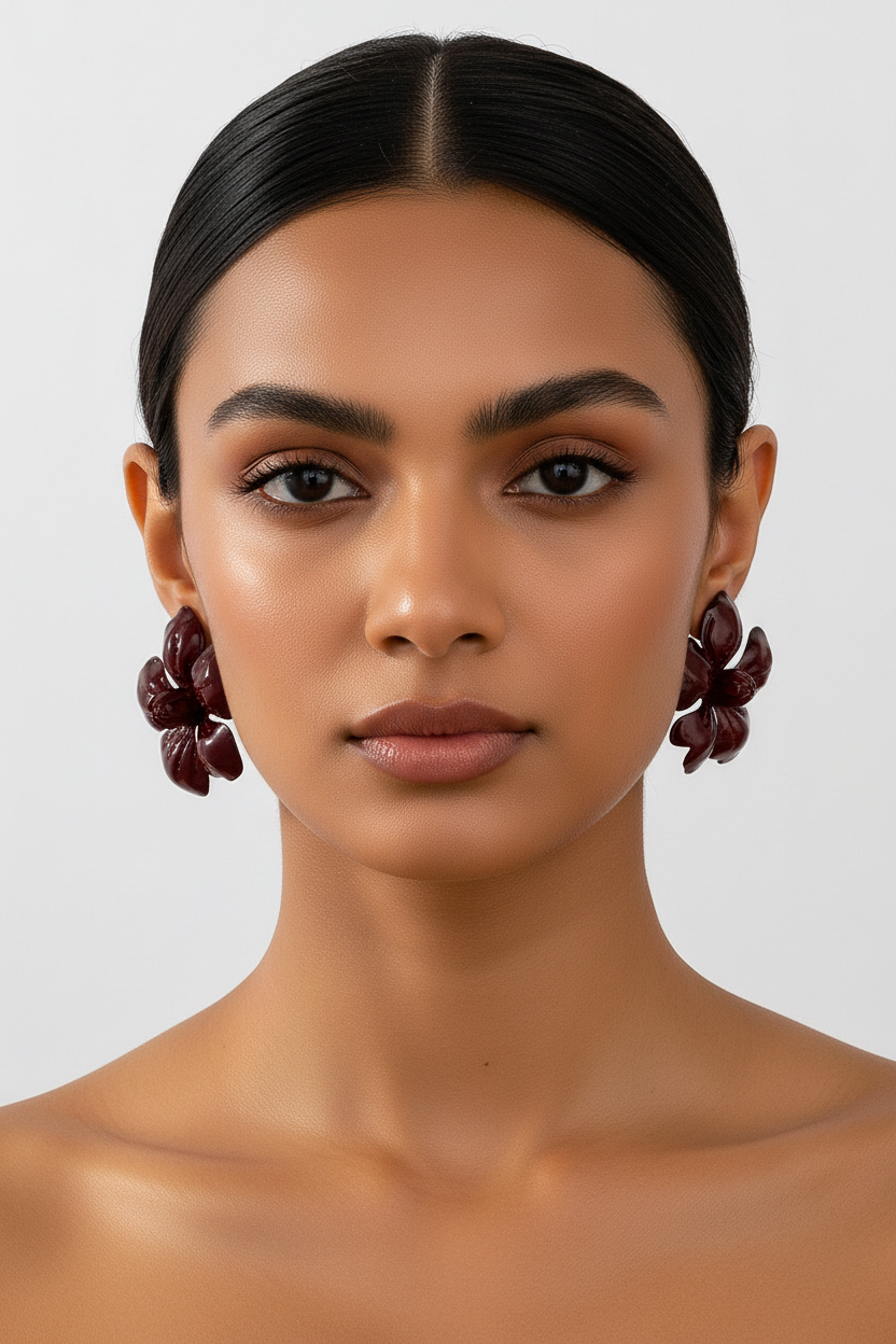 Model front portrait with burgundy flower earrings