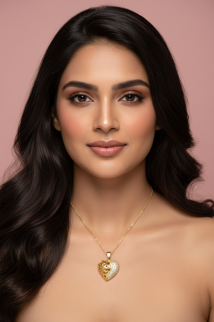 Model front portrait with gold heart pendant necklace