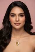 Model front portrait with gold heart pendant necklace