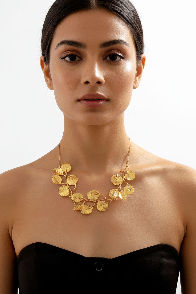 Model front portrait with gold leaf necklace