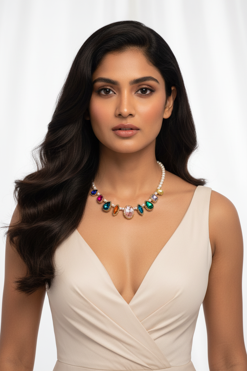 Model front portrait with multicolor gemstone pearl necklace