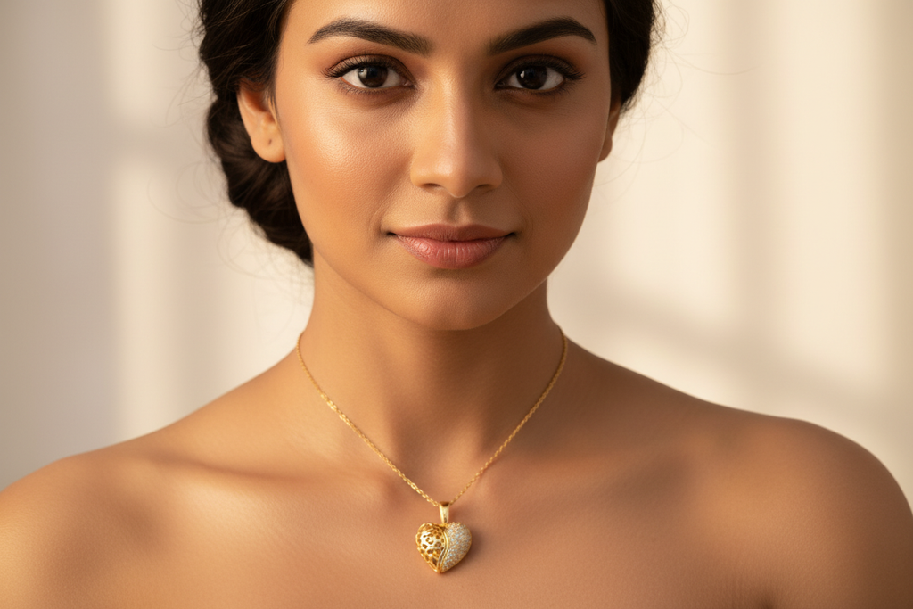Model neckline close-up with gold heart pendant necklace
