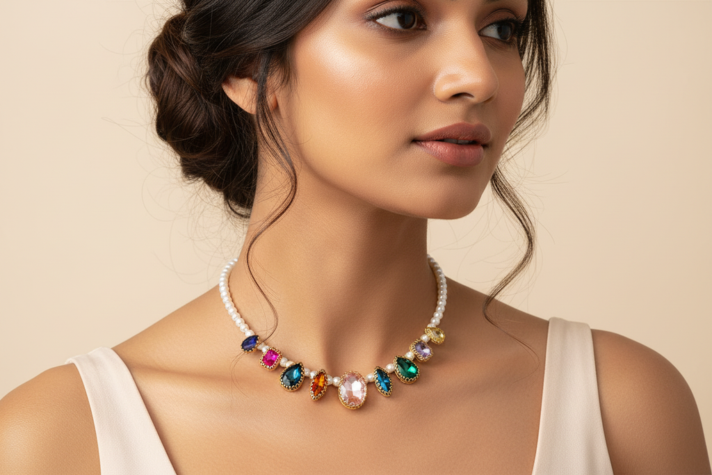 Model neckline close-up with multicolor gemstone pearl necklace