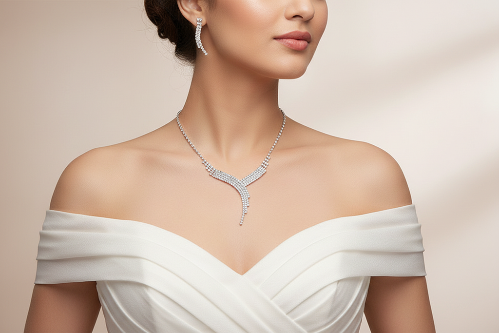 Model neckline shot with crystal jewelry