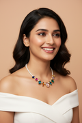 Model three-quarter shot with multicolor gemstone pearl necklace