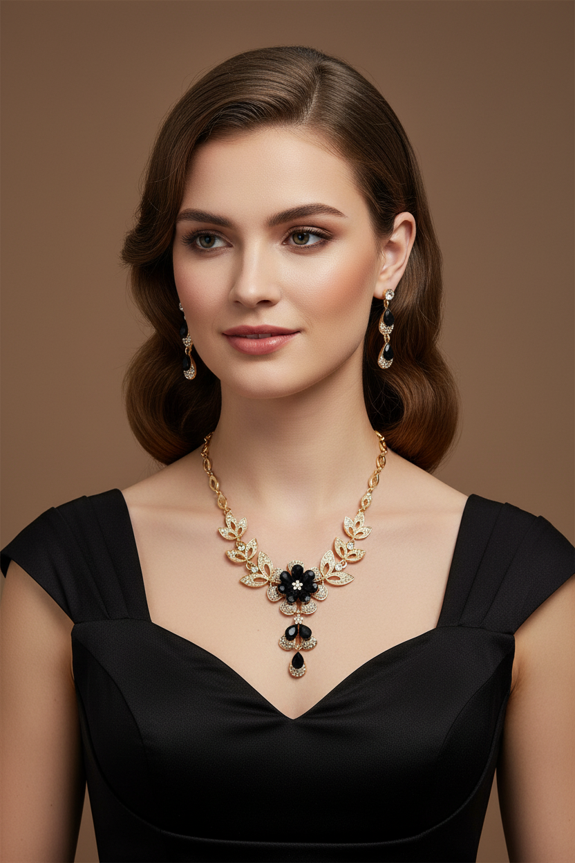 Model wearing Black & Gold Flower Jewelry Set