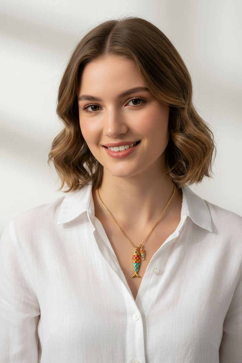 Model wearing colorful fish pendant - minimalist style