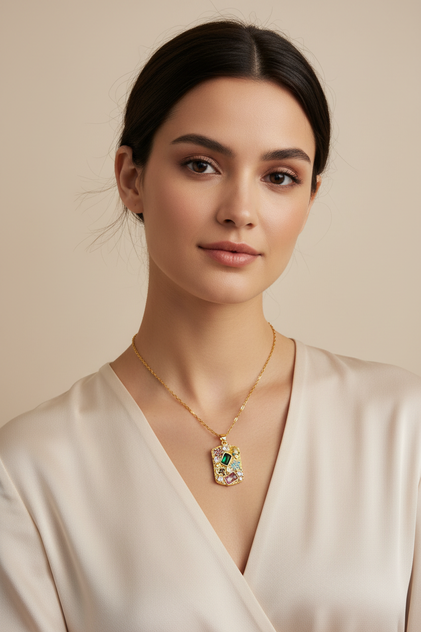 Model wearing colorful gemstone gold necklace