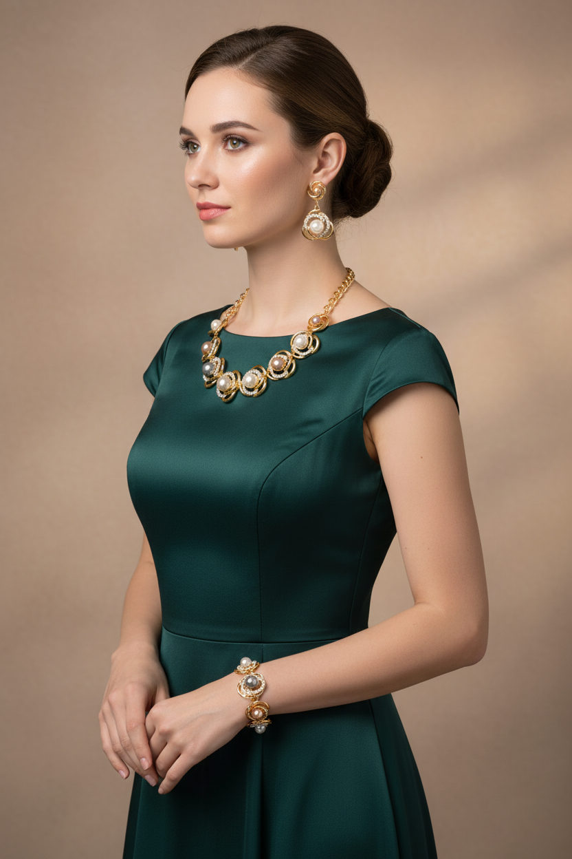 Model wearing complete gold pearl jewelry set