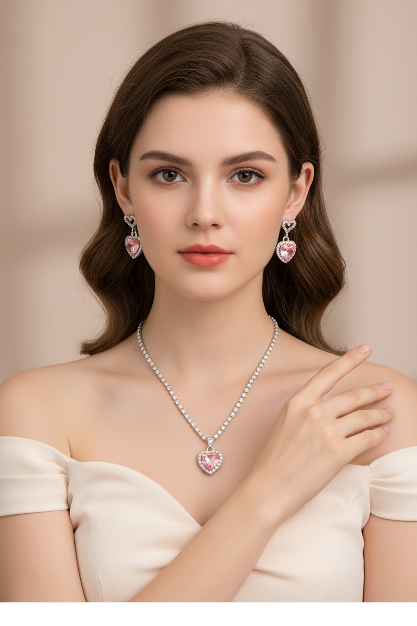 Model wearing complete pink heart jewelry set