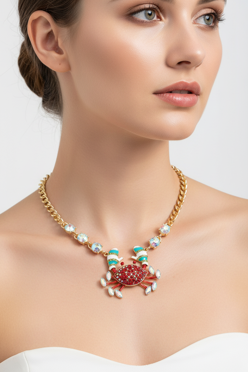 Model Wearing Crab Necklace