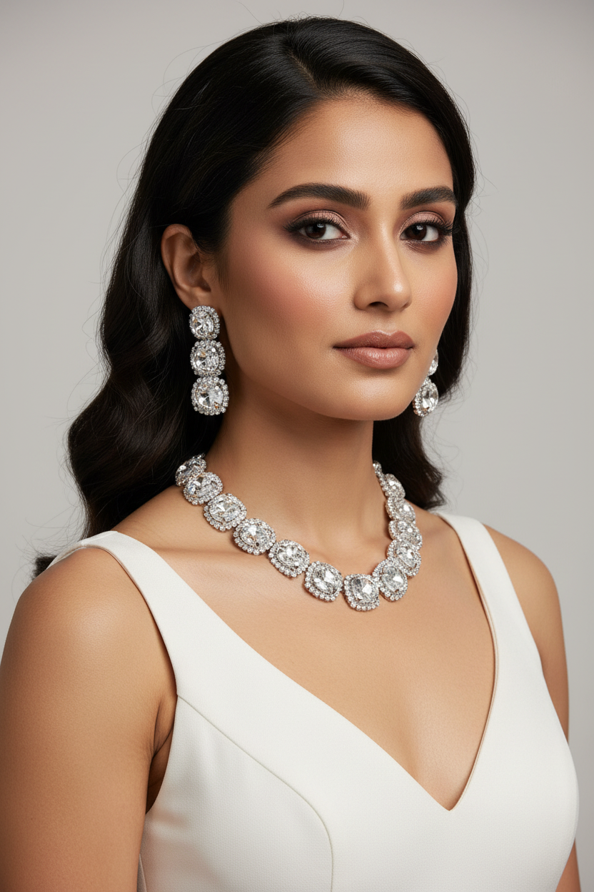 Model Wearing Crystal Diamond Jewelry Set