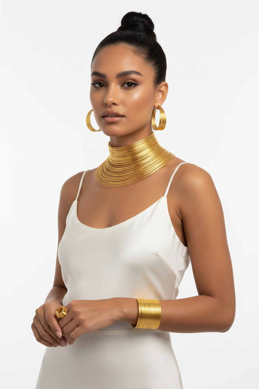Model wearing gold multi-wire jewelry set