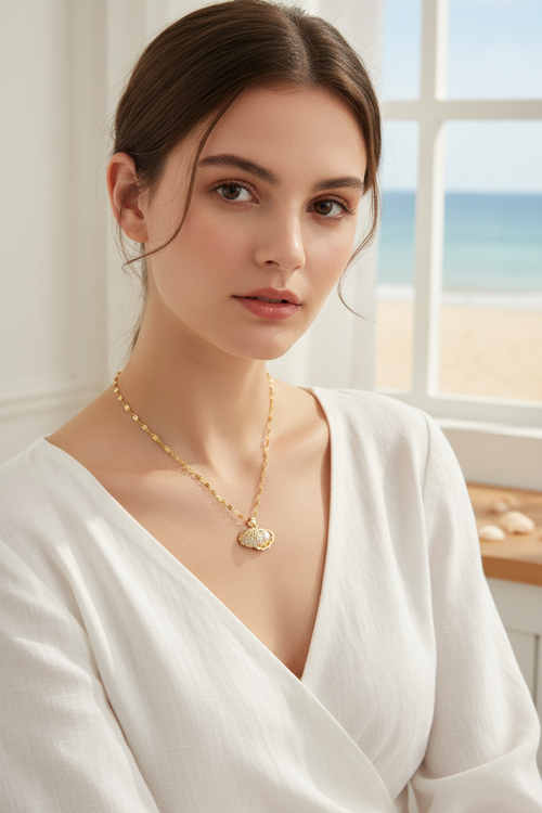 Model wearing gold shell pendant necklace - minimalist style