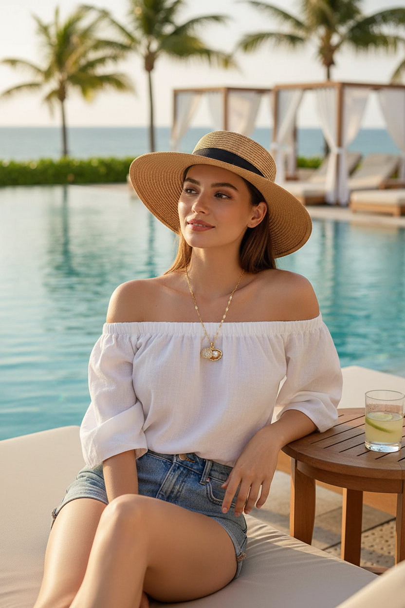 Model wearing gold shell pendant necklace - poolside resort