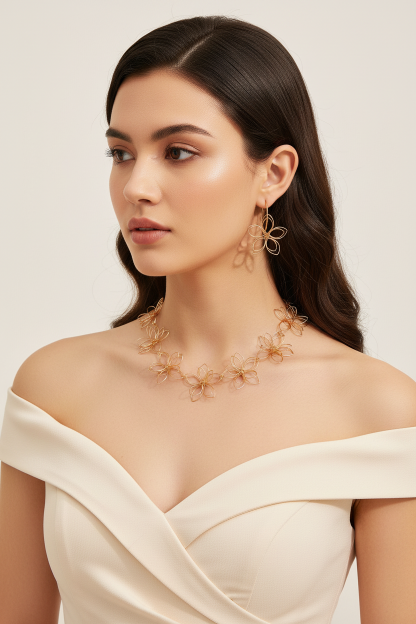 Model wearing Gold Wire Flower Necklace Set