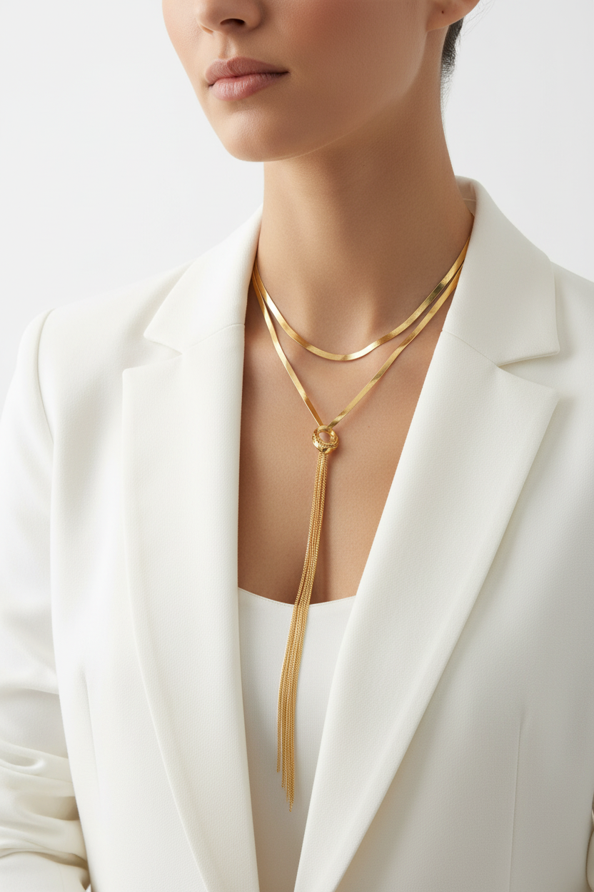 Model wearing Layered Gold Lariat Necklace