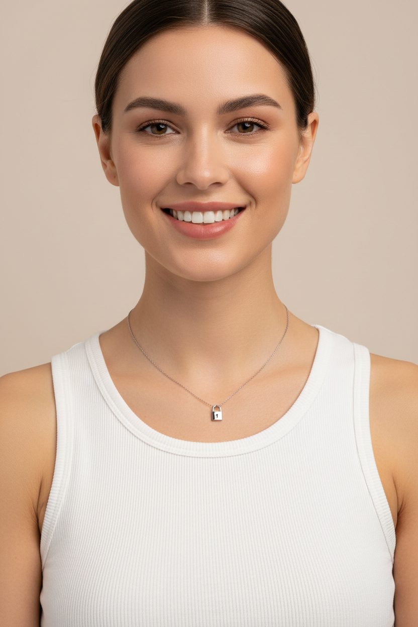 Model wearing minimalist necklace - front view