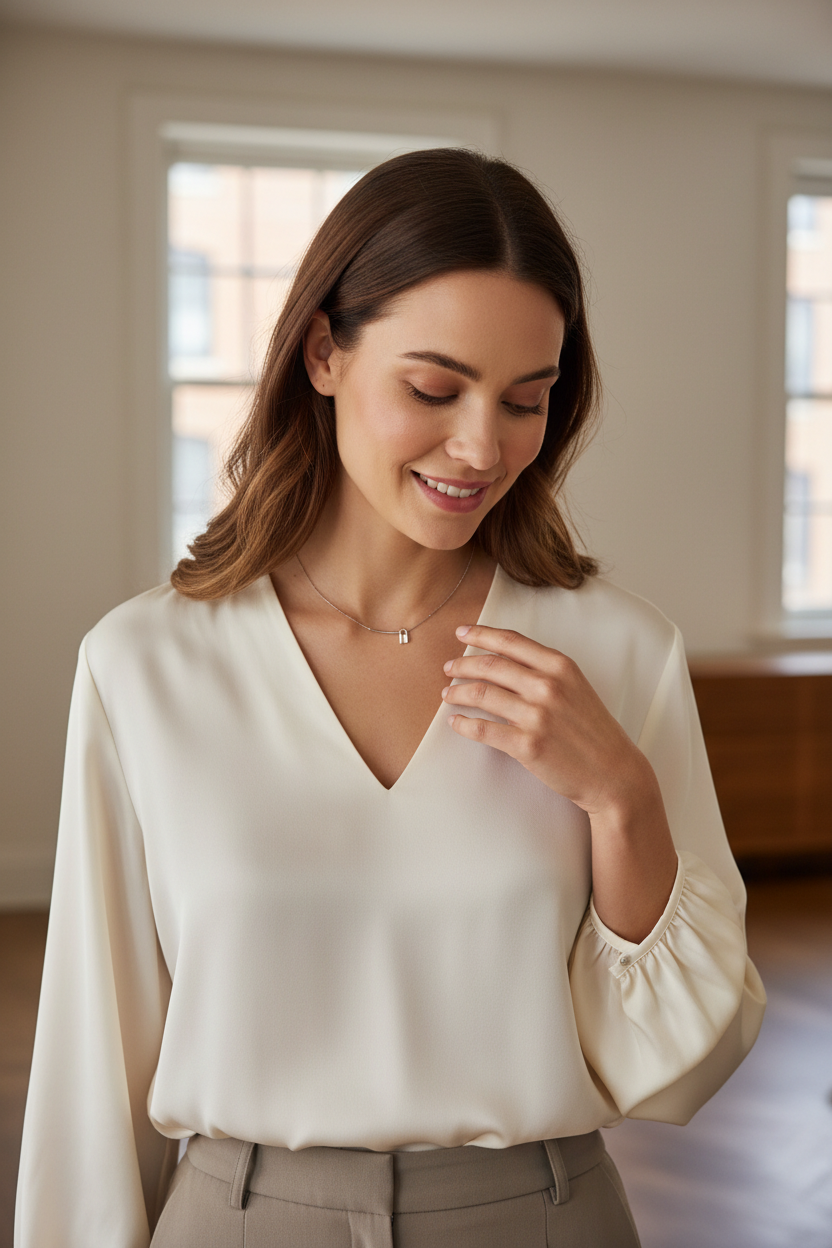 Model wearing minimalist necklace - looking down