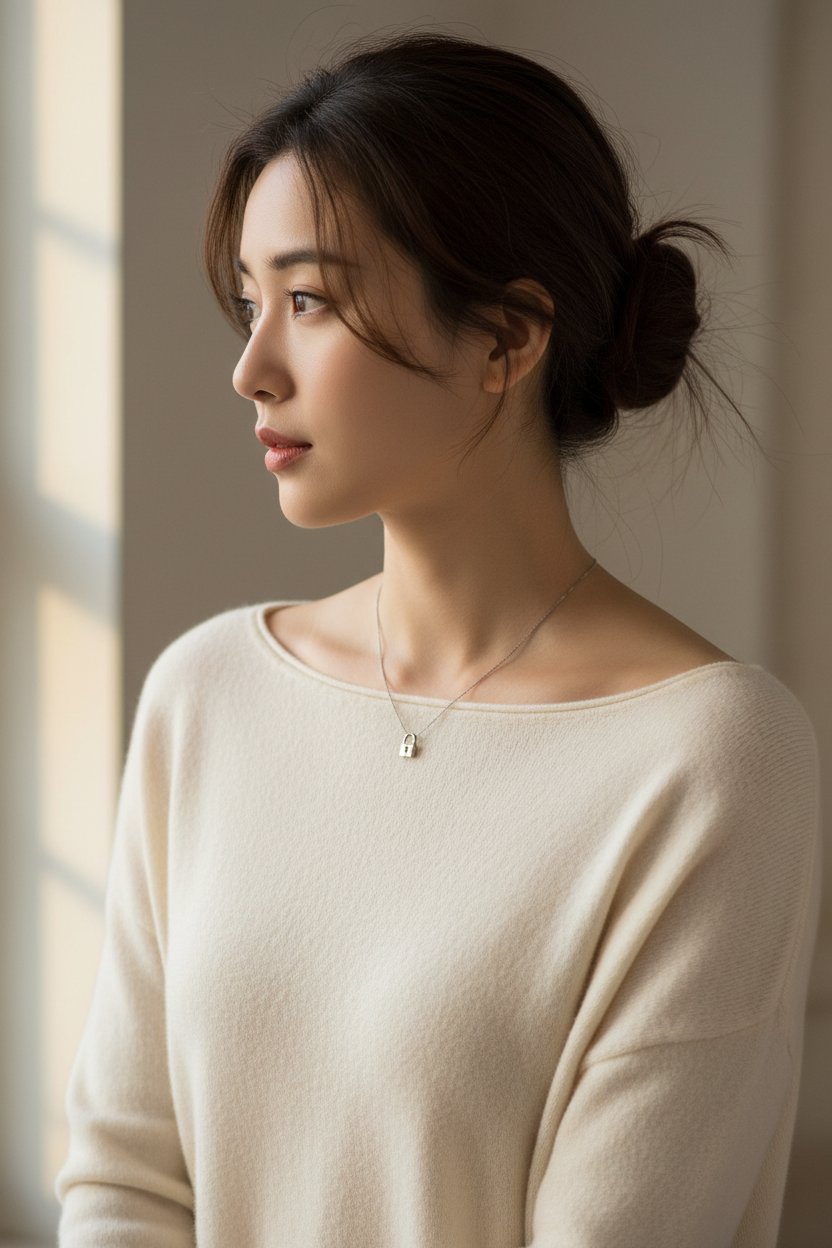 Model wearing minimalist necklace - side profile