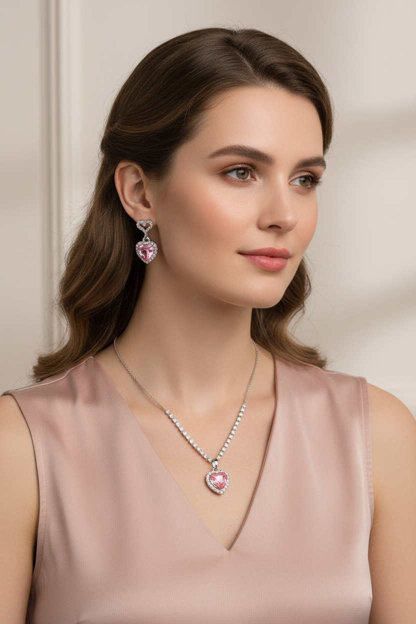 Model wearing pink heart jewelry set