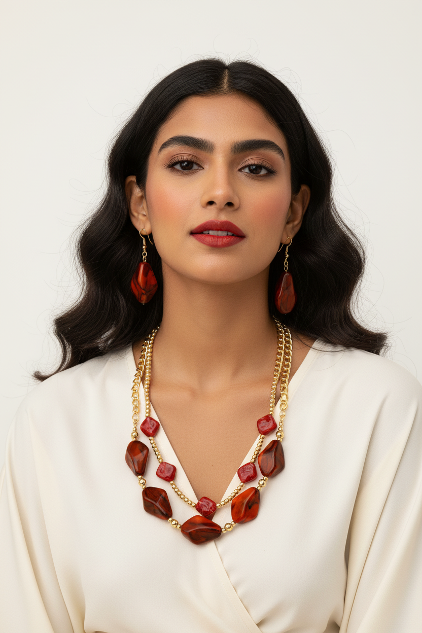 Model Wearing Red Stone Jewelry Set