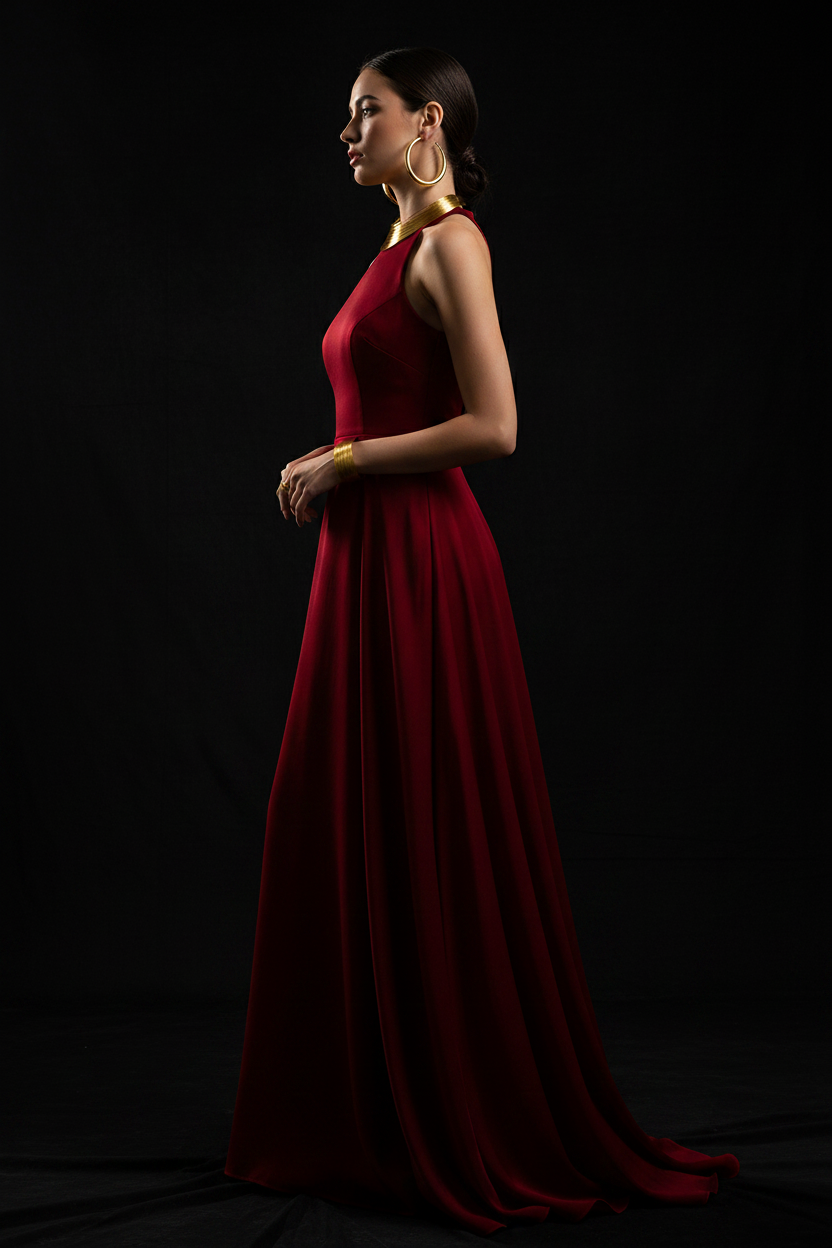 Model with gold jewelry - red gown