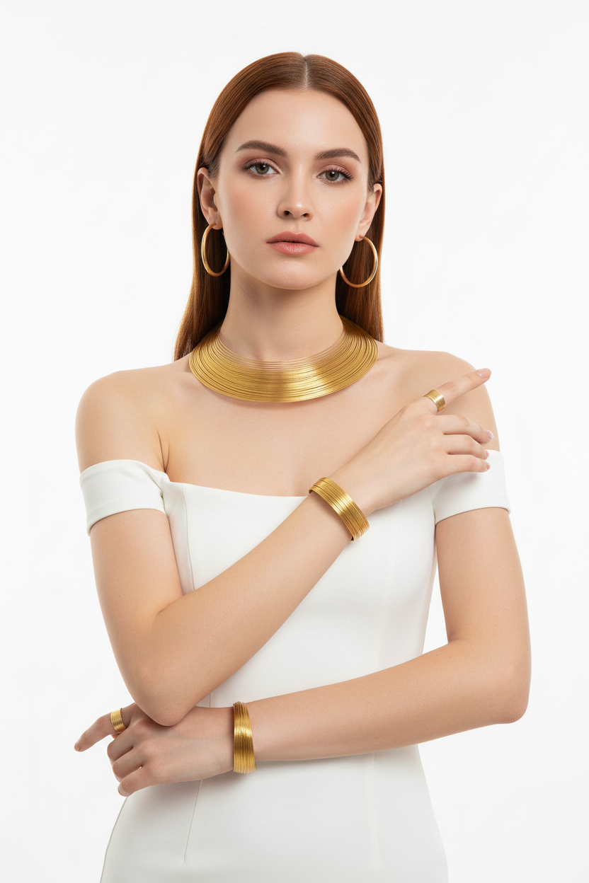 Model with gold jewelry - white dress