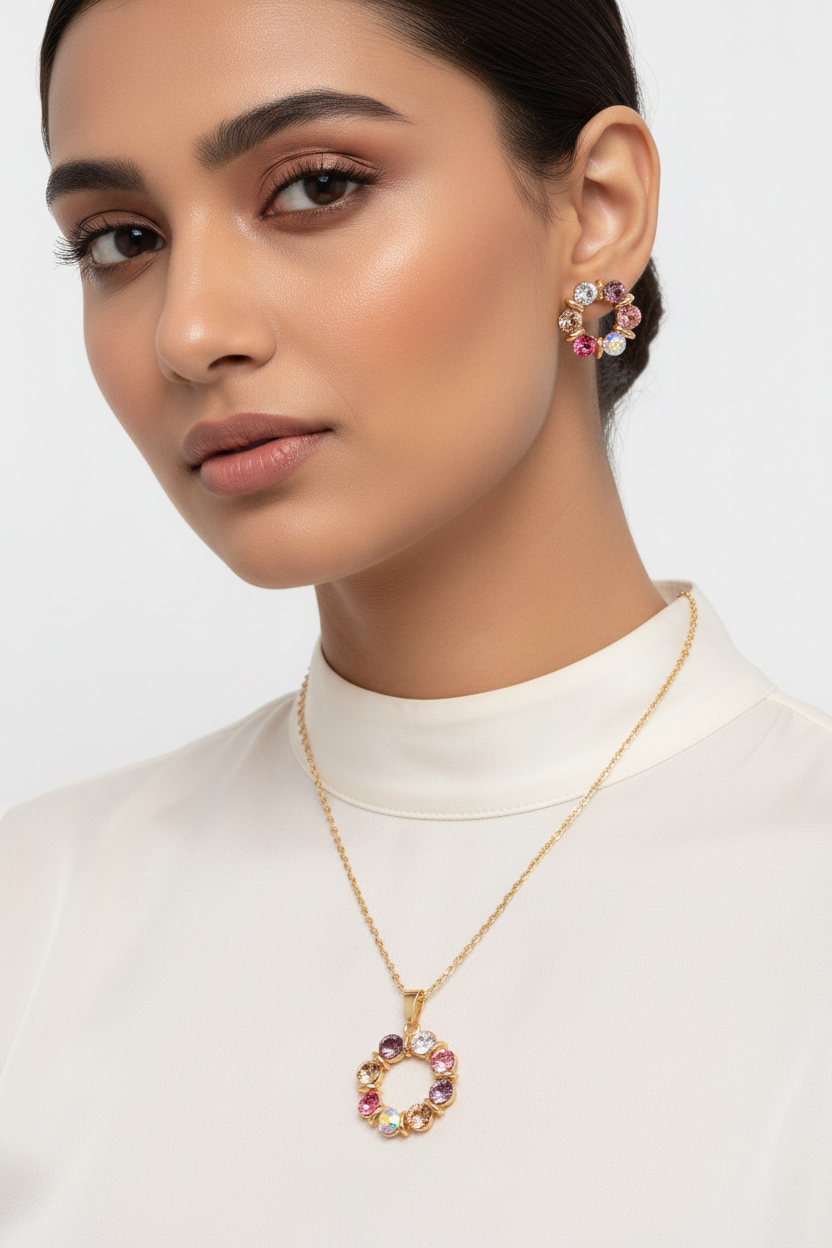 Multicolor Crystal Flower Jewelry Set – Model Wearing