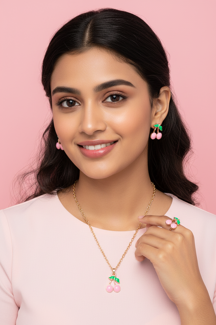 Pink Cherry Jewelry Set on Model