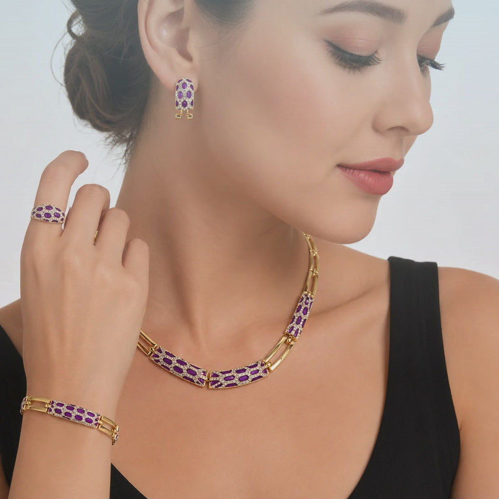 Women's Gold Plated Geometric Jewelry Set – Purple Enamel Rhinestone Necklace, Bracelet, Ring & Earrings (4 Piece Set)