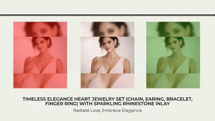 Timeless Elegance Heart Jewelry Set (Chain, Earing, Bracelet, Finger Ring) with Sparkling Rhinestone Inlay by@Outfy