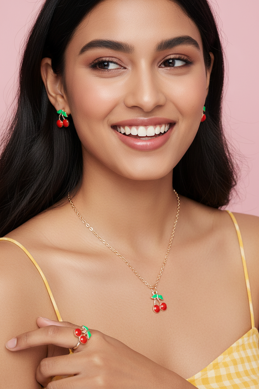 Red Cherry Jewelry Set on Model