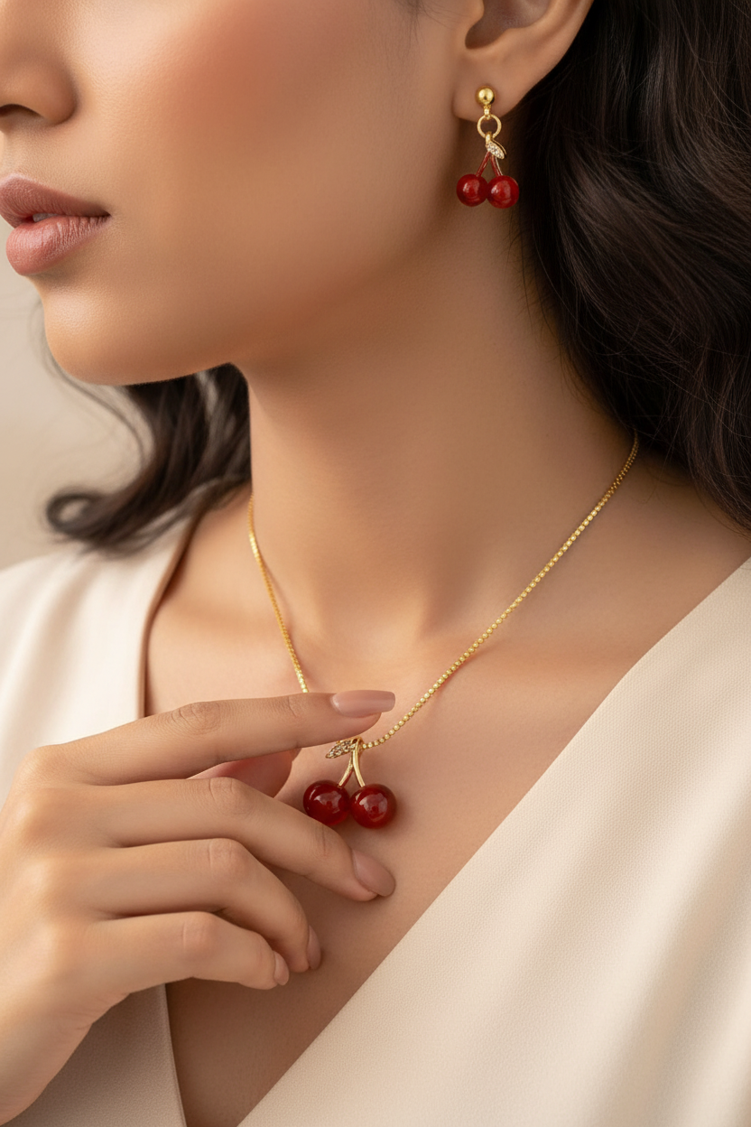 Red Cherry Necklace - Close Up
