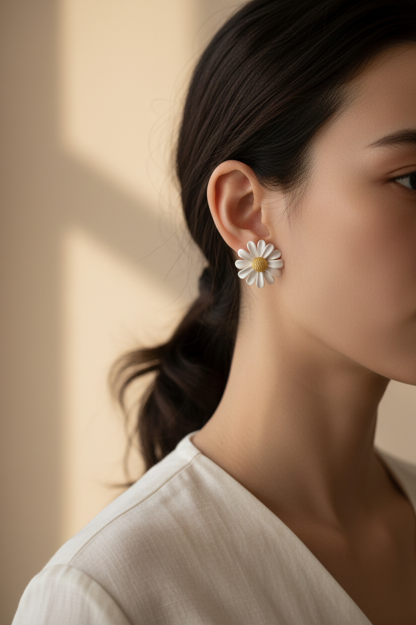 White Daisy Earrings Model Shot 2