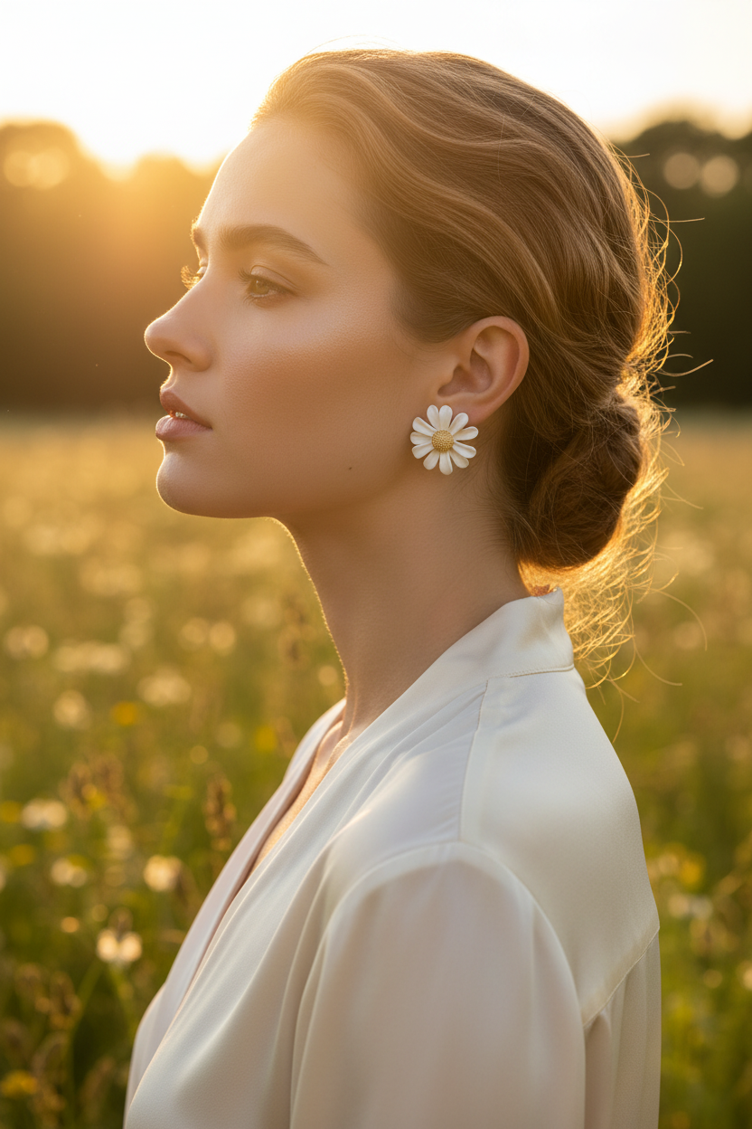 White Daisy Earrings Model Shot 3