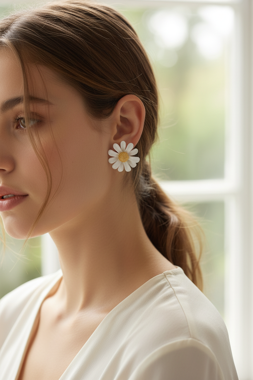 White Daisy Earrings Model Shot