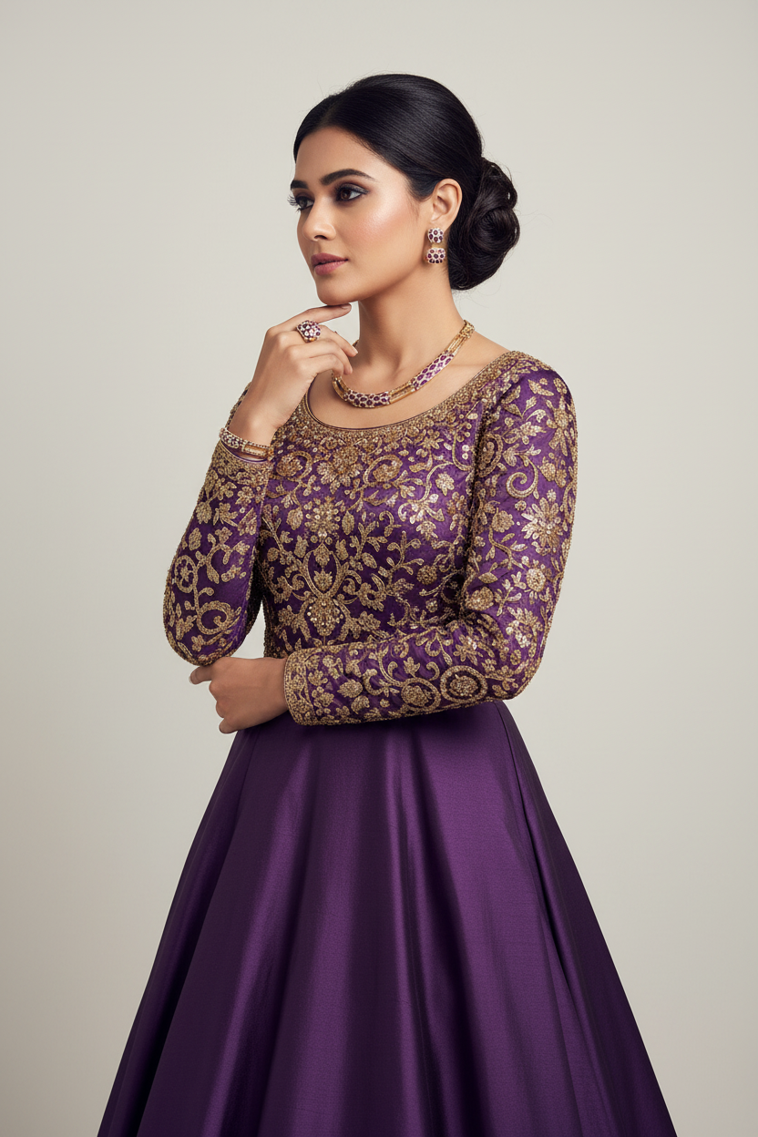 Women's Gold Plated Purple Enamel Jewelry Set – Model Shot